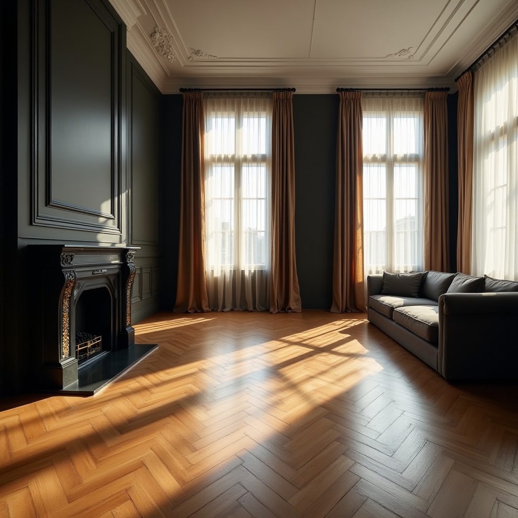 Elegancki salon z odnowionym drewnianym parkietem